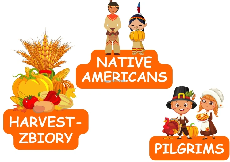 Thanksgiving PDF – dekoracje tematyczne do gazetki: zbiory, pielgrzymi.