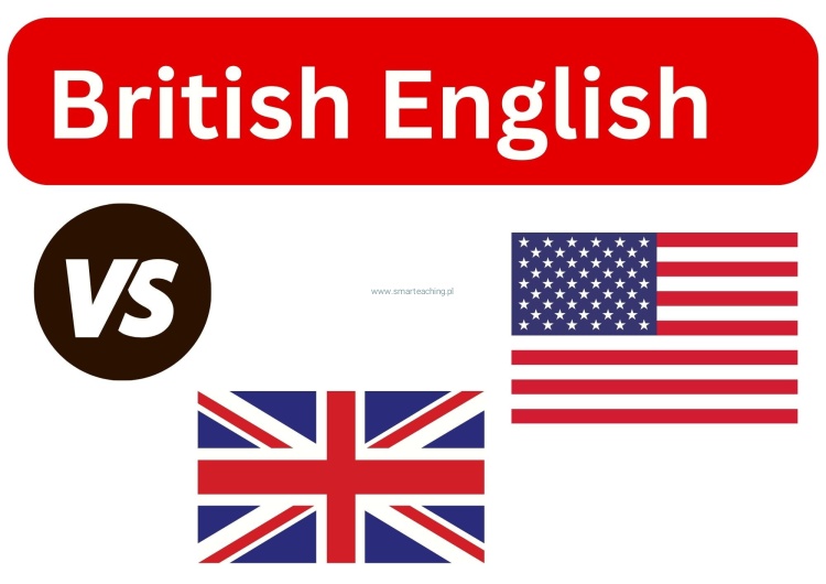 Tytuł gazetki American vs British English z flagami Wielkiej Brytanii i USA