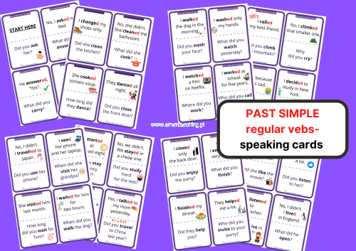 Past Simple – speaking cards PDF z czasownikami regularnymi i końcówką -ed do nauki angielskiego
