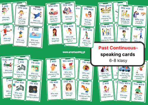 Past Continuous – gra językowa PDF z 48 kartami do mówienia i powtórki czasu przeszłego ciągłego