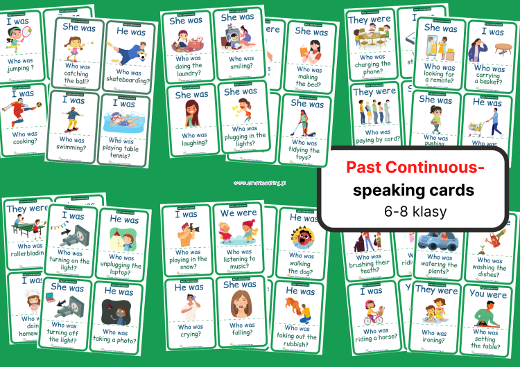 Past Continuous – gra językowa PDF z 48 kartami do mówienia i powtórki czasu przeszłego ciągłego