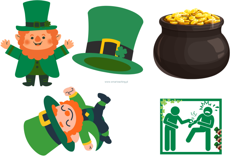Dekoracje do gazetki – wycinanki na St. Patrick’s Day (top hat, leprechaun, pot of gold)