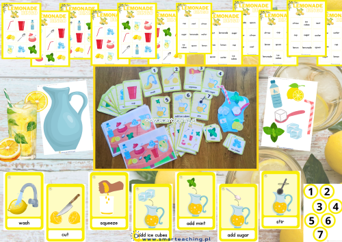 Gra bingo, dzbanek i składniki do lemoniady – czynności po angielsku: squeeze, add, stir
