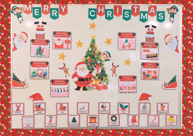 Gazetka ścienna Christmas – dekoracja do klasy z napisami, słownictwem i tradycjami