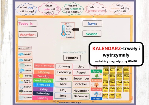 Edukacyjny kalendarz PDF na tablicę magnetyczną – dni tygodnia, miesiące, pogoda i liczby