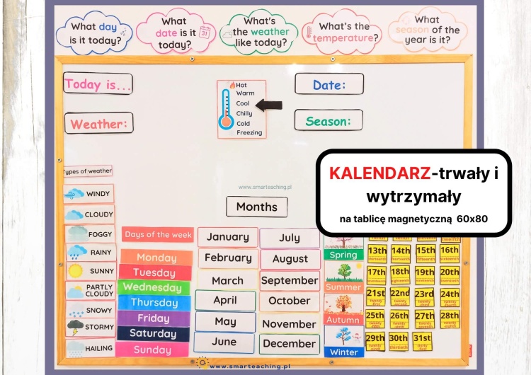 Edukacyjny kalendarz PDF na tablicę magnetyczną – dni tygodnia, miesiące, pogoda i liczby