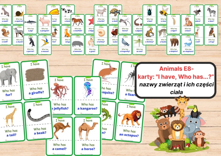 Zestaw 70 kart „I have, who has...” – zwierzęta i części ciała – gra językowa PDF