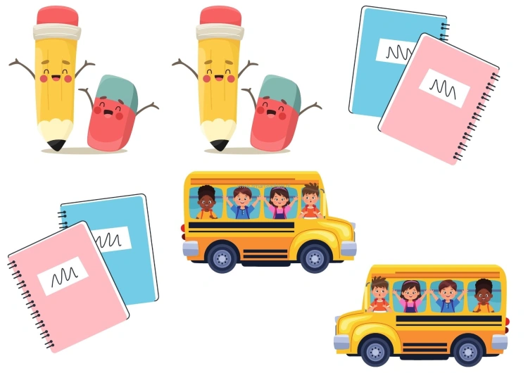 Elementy dekoracyjne gazetki Back to School – ikonki i grafiki szkolne