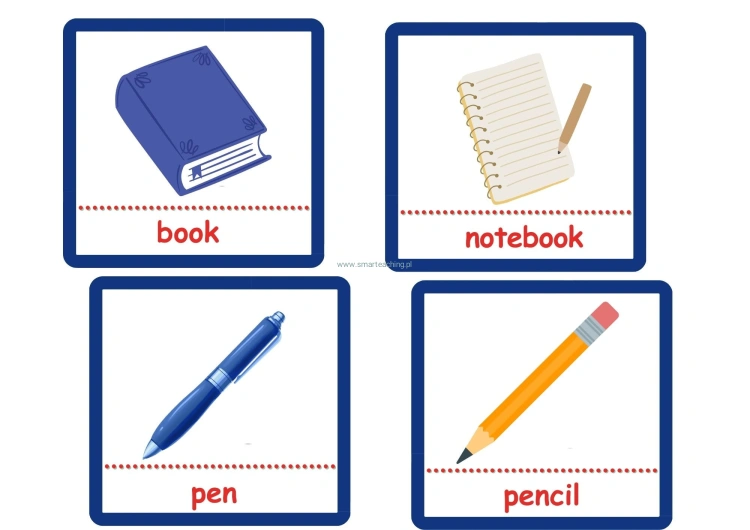 Przykłady school supplies – karty obrazkowe z przyborami szkolnymi w języku angielskim