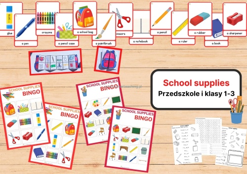 Flashcards i karty do gier School Supplies – memory i bingo z przyborami szkolnymi po angielsku dla dzieci.