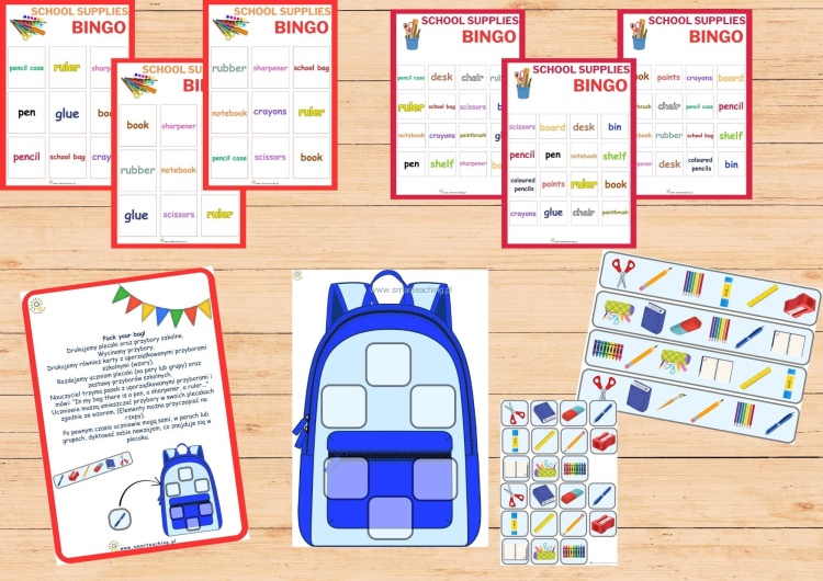 Gra Pack your bag! i bingo School Supplies – karty obrazkowe i plansze do nauki słownictwa szkolnego po angielsku.