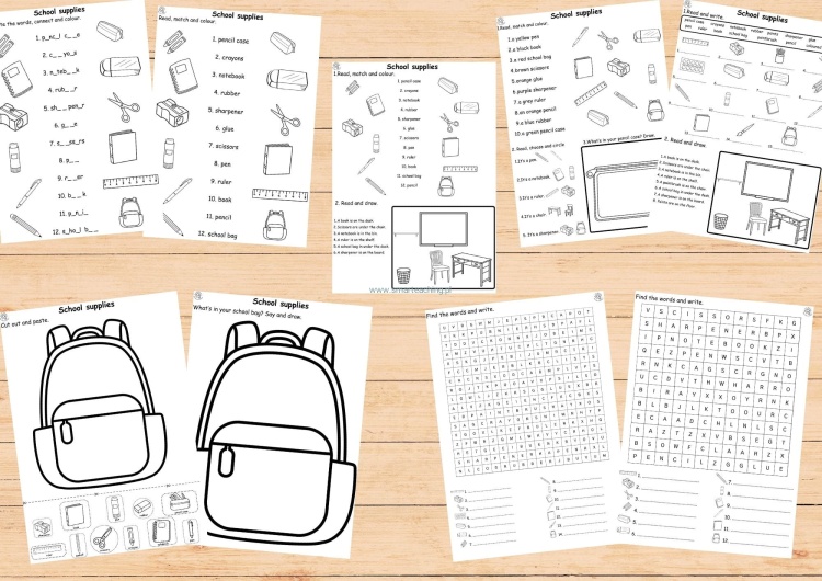 Karty pracy School Supplies do nauki angielskiego – przybory szkolne, ćwiczenia do czytania, kolorowania i pisania dla dzieci.