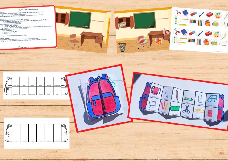 Gra dydaktyczna School Supplies – plansza In On Under z klasą i przyborami szkolnymi, plecak do wycięcia harmonijka.