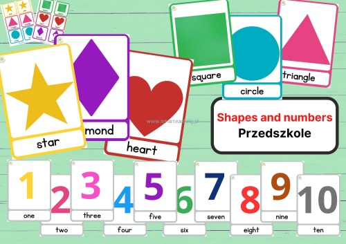"Karty obrazkowe Shapes and Numbers – nauka kształtów i liczb po angielsku dla przedszkolaków