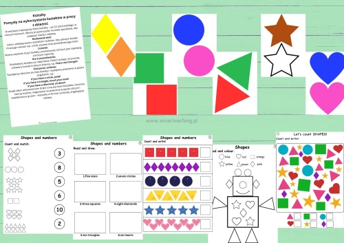 "Plansze i karty pracy Shapes and Numbers – liczenie, kolorowanie, dopasowywanie kształtów
