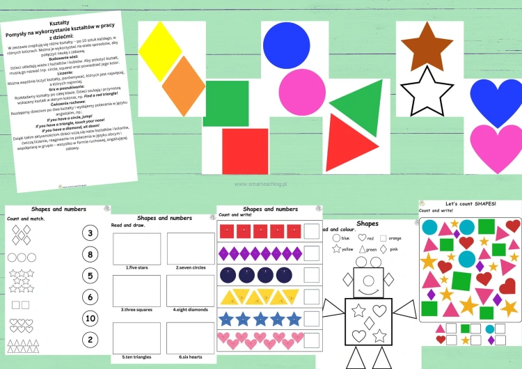 "Plansze i karty pracy Shapes and Numbers – liczenie, kolorowanie, dopasowywanie kształtów