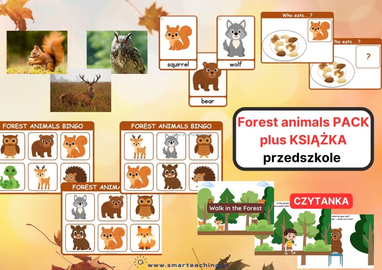 Forest Animals Pack – book “Walk in the Forest”, flashcards, bingo, Who eats game, preschool English learning set.