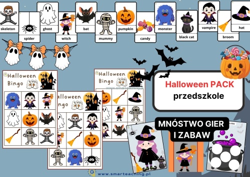Halloween pack dla przedszkola – karty obrazkowe, bingo i gry do nauki angielskiego