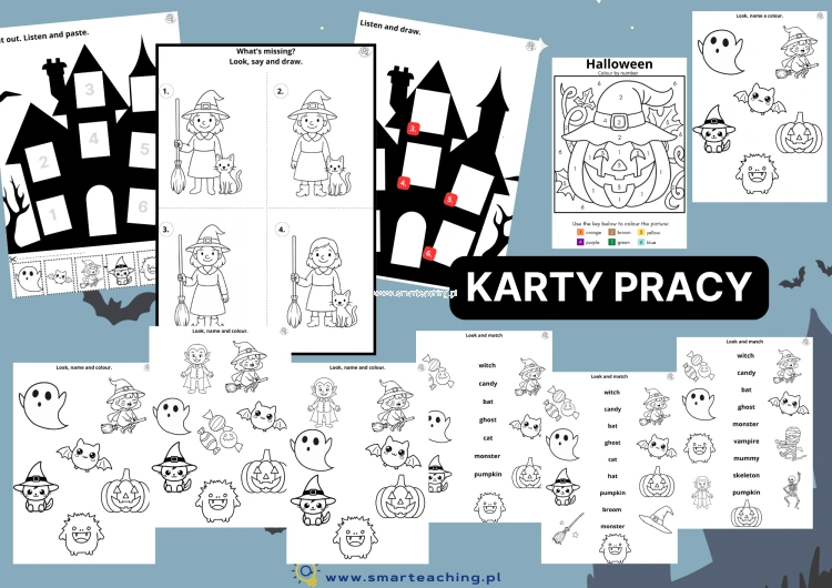 Karty pracy Halloween – kolorowanki, wycinanki i ćwiczenia językowe dla przedszkola