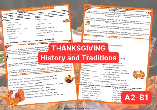Karta pracy Thanksgiving – historia, tradycje, ćwiczenia i zadania PDF