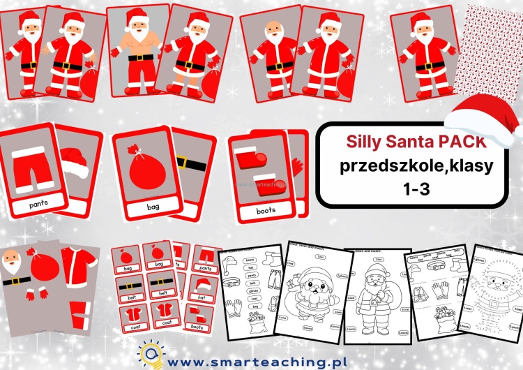 Silly Santa PACK – zestaw materiałów do angielskiego: flashcards, memory, części Mikołaja oraz karty pracy dla przedszkola i klas 1–3.