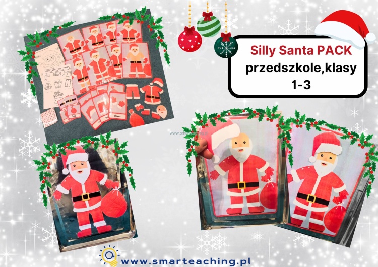 Silly Santa PACK – wydrukowane materiały: duża sylweta Mikołaja, elementy stroju i karty pracy użyte na zajęciach języka angielskiego
