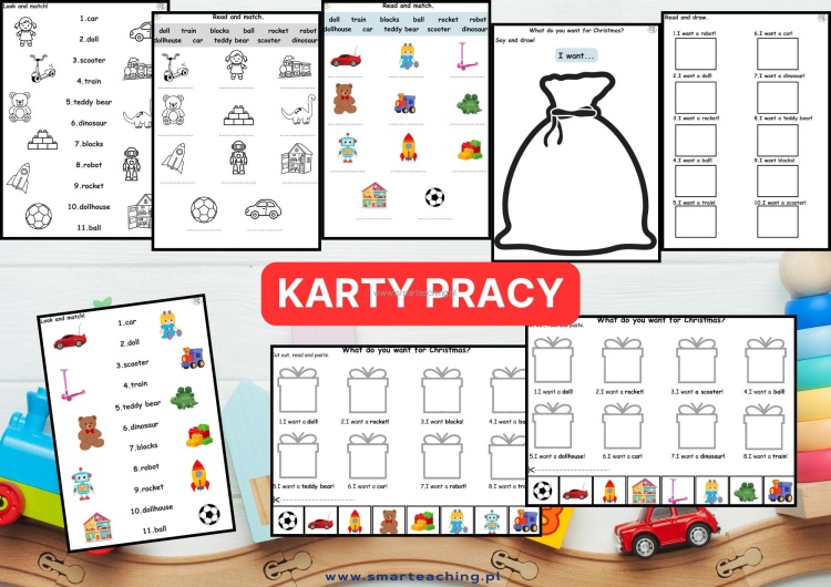 Karty pracy Toys – zabawki po angielsku, cut and paste, read and match