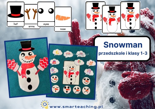 Snowman zestaw do nauki angielskiego przedszkole i klasy 1-3 – flashcards, emocje, budowanie bałwanka