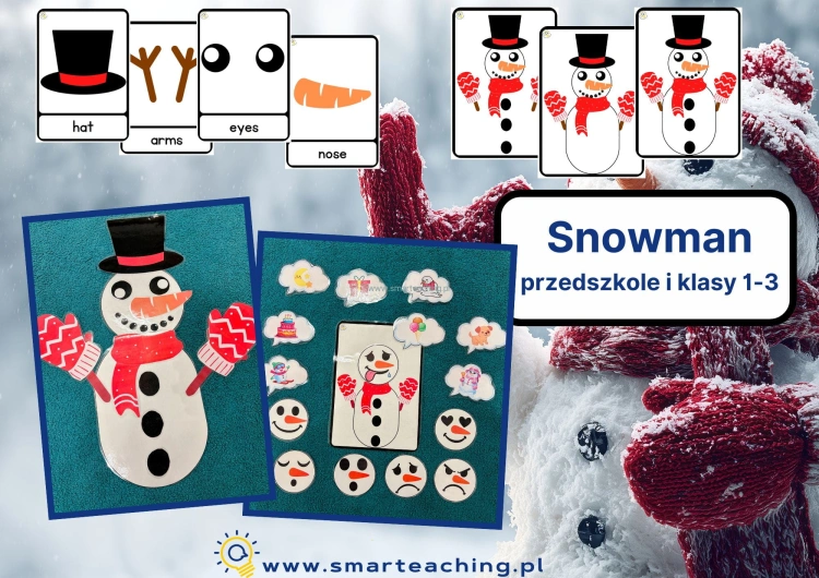 Snowman zestaw do nauki angielskiego przedszkole i klasy 1-3 – flashcards, emocje, budowanie bałwanka