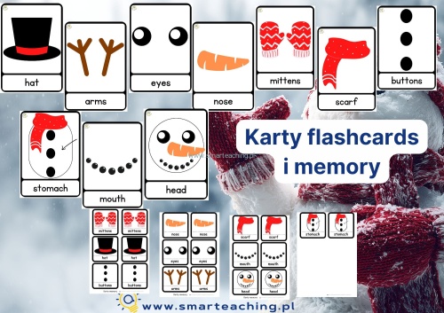 Karty flashcards i memory Snowman – nauka słówek: hat, arms, eyes, nose, mittens, scarf, buttons