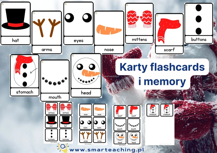 Karty flashcards i memory Snowman – nauka słówek: hat, arms, eyes, nose, mittens, scarf, buttons