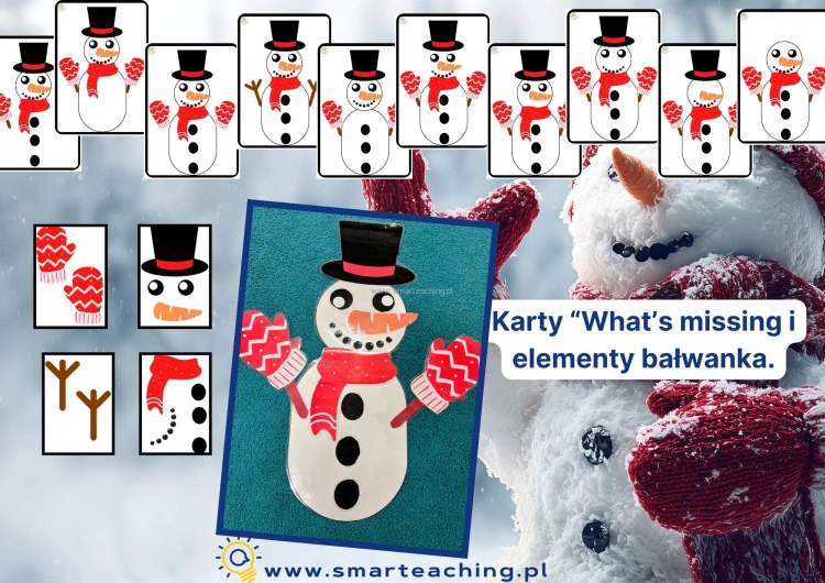 Karty What’s missing i elementy bałwanka do budowania – zestaw Snowman do nauki angielskiego