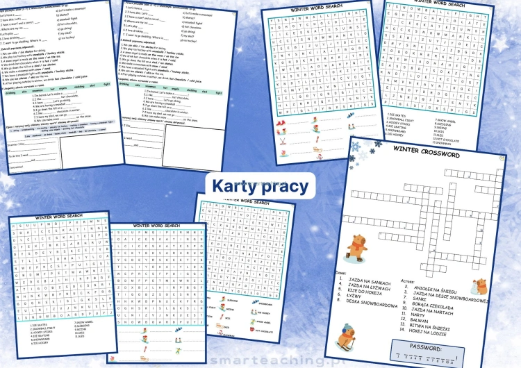 karty pracy zimowe aktywności word search krzyżówka angielski pdf