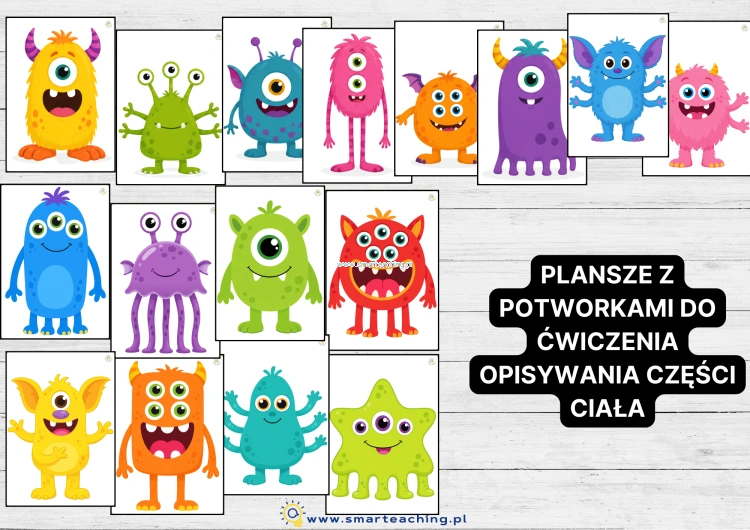 Plansze z potworkami do ćwiczenia części ciała i konstrukcji It’s got po angielsku