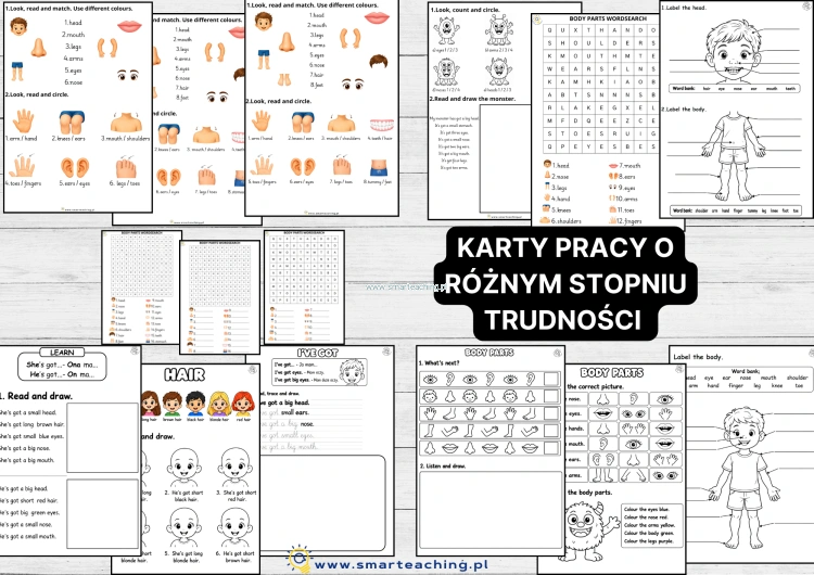 Body Parts – karty pracy o różnym stopniu trudności do nauki części ciała po angielsku