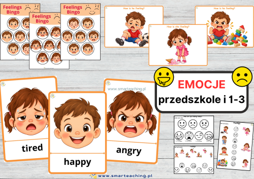 Zestaw Feelings &amp; Emotions – emocje po angielsku dla przedszkola i klas 1–3, flashcards, bingo, karty sytuacyjne i karty pracy PDF.