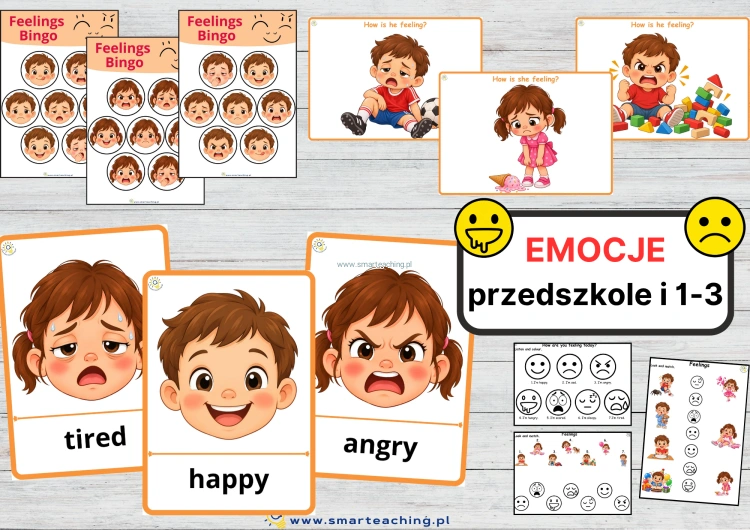 Zestaw Feelings &amp; Emotions – emocje po angielsku dla przedszkola i klas 1–3, flashcards, bingo, karty sytuacyjne i karty pracy PDF.