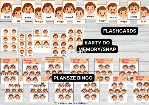 Feelings &amp; Emotions – karty obrazkowe flashcards z emocjami po angielsku, gra Memory i Snap oraz 12 plansz Feelings Bingo dla dzieci.