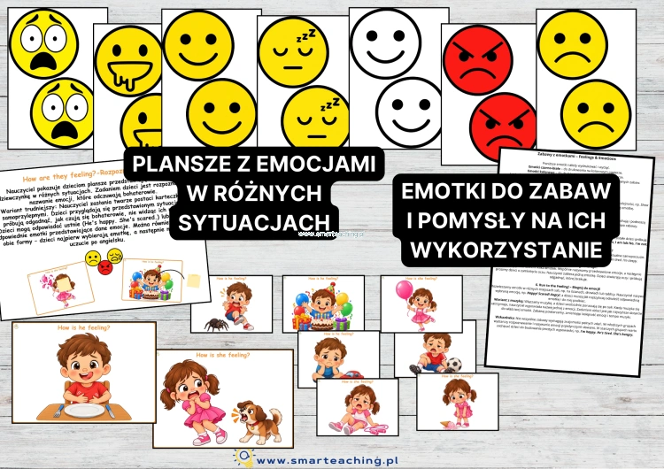 Emocje po angielsku – kolorowe i czarno-białe emotki do zabaw oraz karty How Is He/She Feeling do rozpoznawania uczuć w różnych sytuacjach.