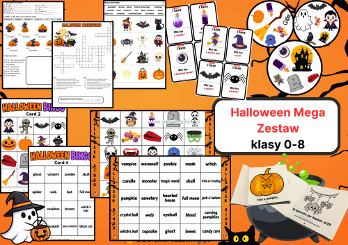 Halloween MEGA PACK – zestaw materiałów do nauki angielskiego dla klas 0–8, Bingo, Dobble, flashcards, karty pracy i gry językowe