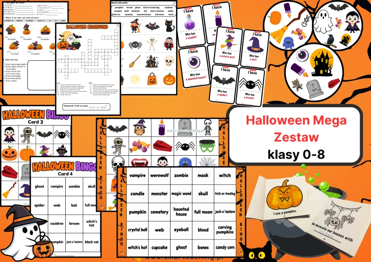 Halloween MEGA PACK – zestaw materiałów do nauki angielskiego dla klas 0–8, Bingo, Dobble, flashcards, karty pracy i gry językowe