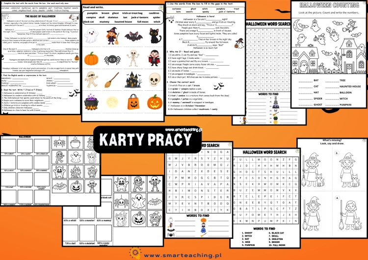Halloween karty pracy z angielskiego – wykreślanki, krzyżówki, czytanie ze zrozumieniem, Counting i ćwiczenia słownikowe