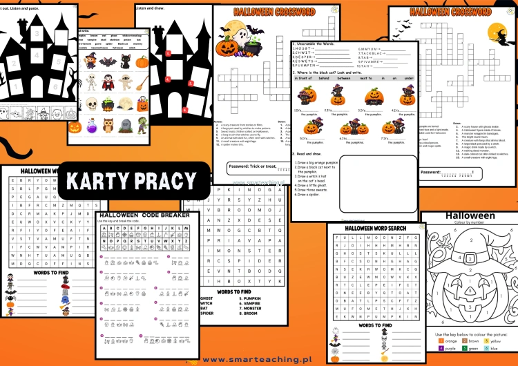 Halloween ćwiczenia z języka angielskiego – Prepositions of Place, Word Search, Crosswords, Code Breaker i Colour by Number