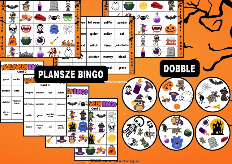 Halloween Bingo i Dobble – kolorowe gry językowe po angielsku, plansze obrazkowe i wyrazowe do nauki słownictwa