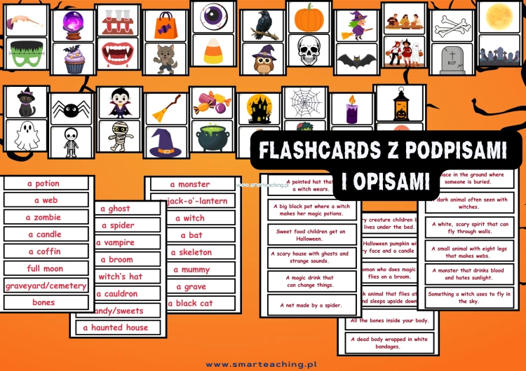 Halloween flashcards – karty obrazkowe z podpisami i definicjami do nauki i utrwalania słownictwa po angielsku
