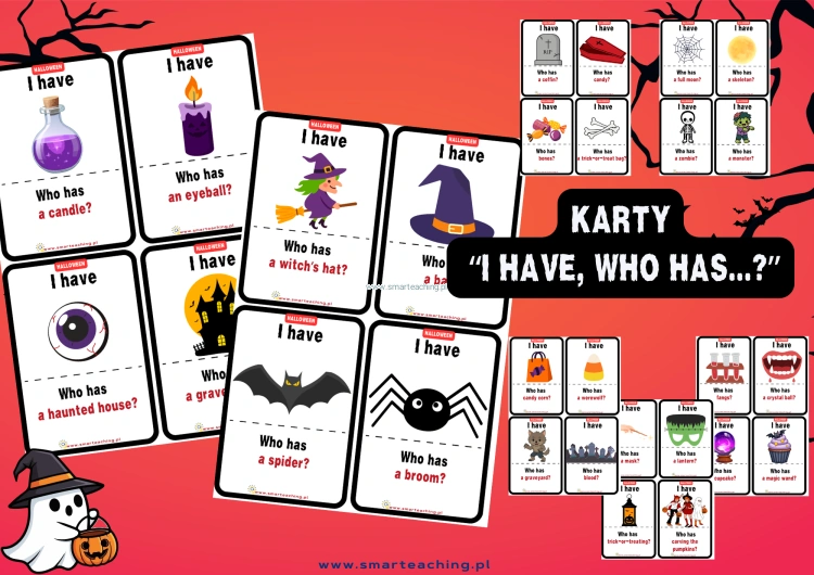 Halloween I Have Who Has – gra karciana po angielsku z ilustracjami i pytaniami do ćwiczenia słownictwa oraz rozumienia ze słuchu